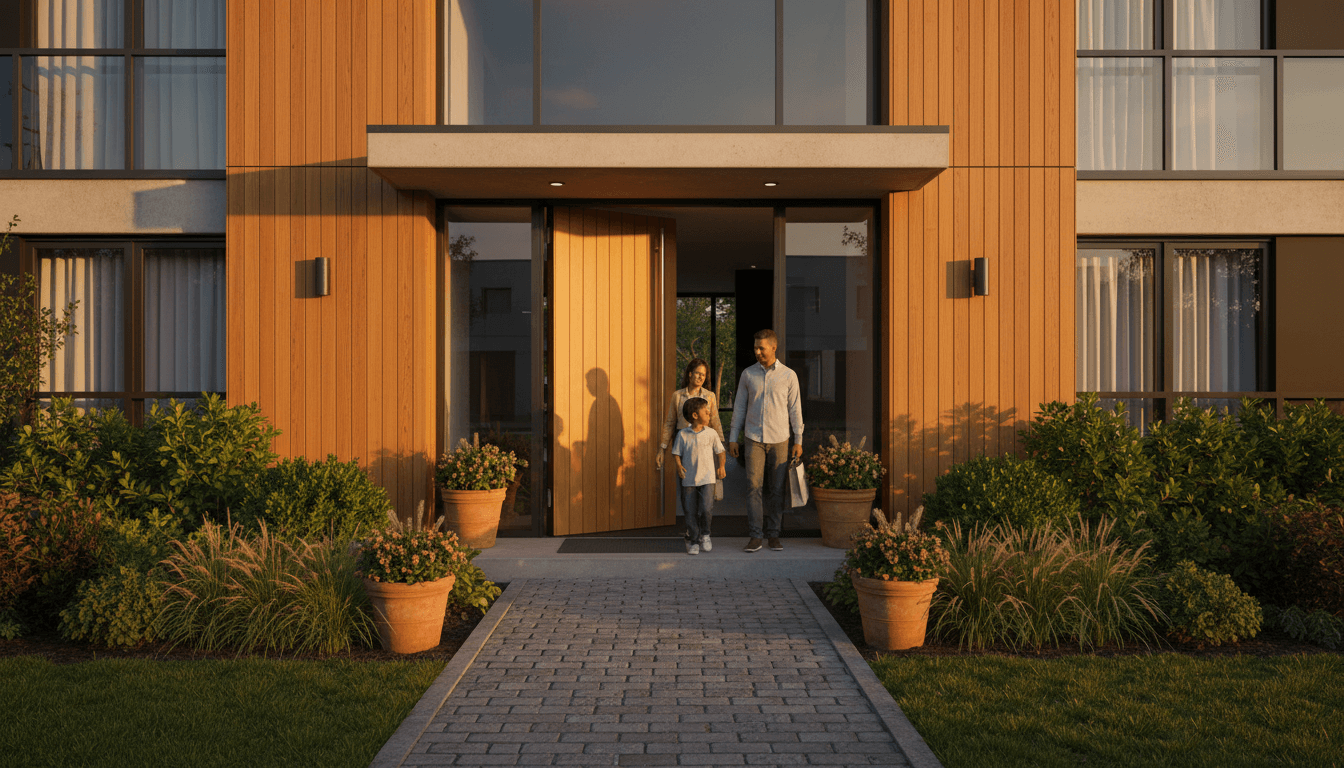 Modern residential property with welcoming entrance and families approaching, representing secure housing solutions