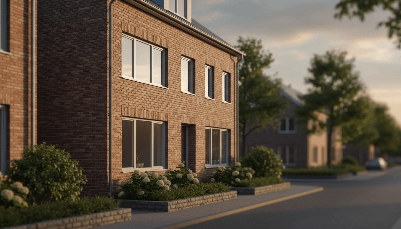 Modern residential property with clean exterior and well-maintained landscaping at golden hour