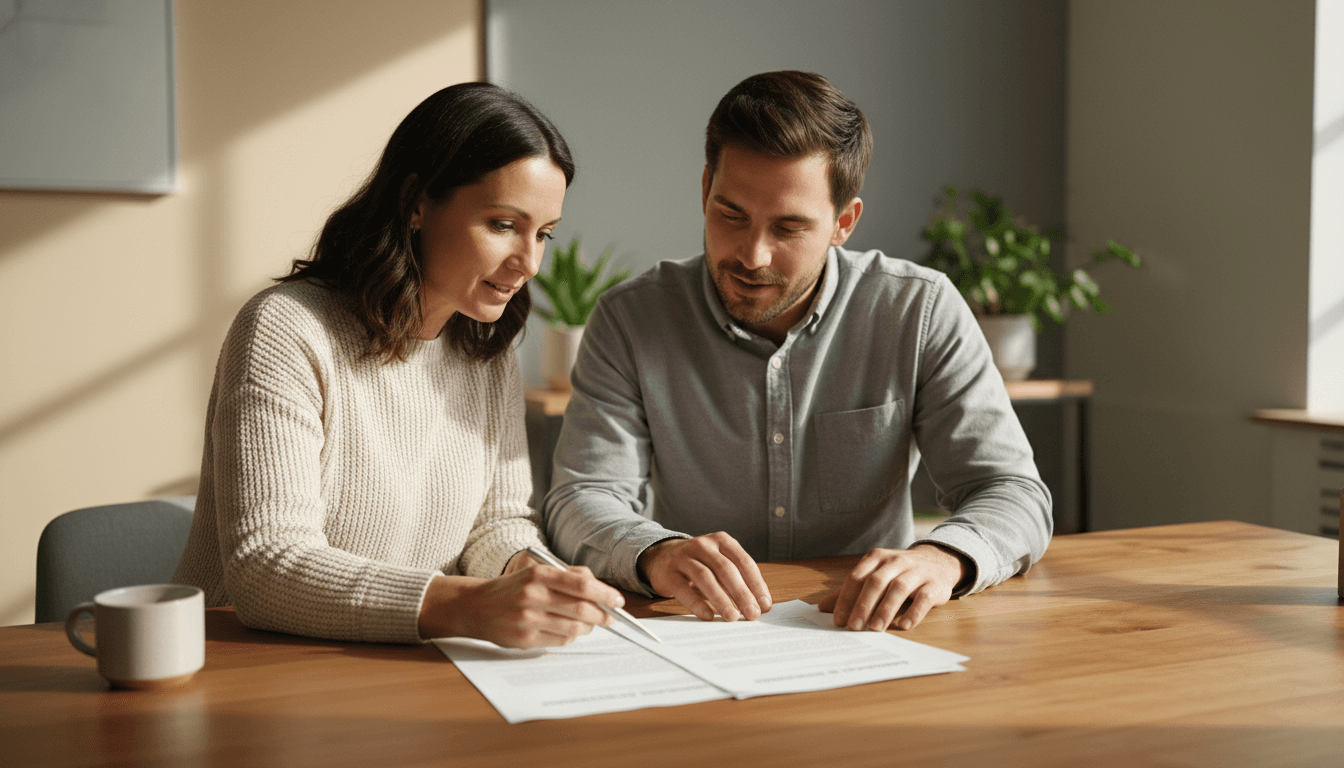 Property owner and housing specialist reviewing lease agreement