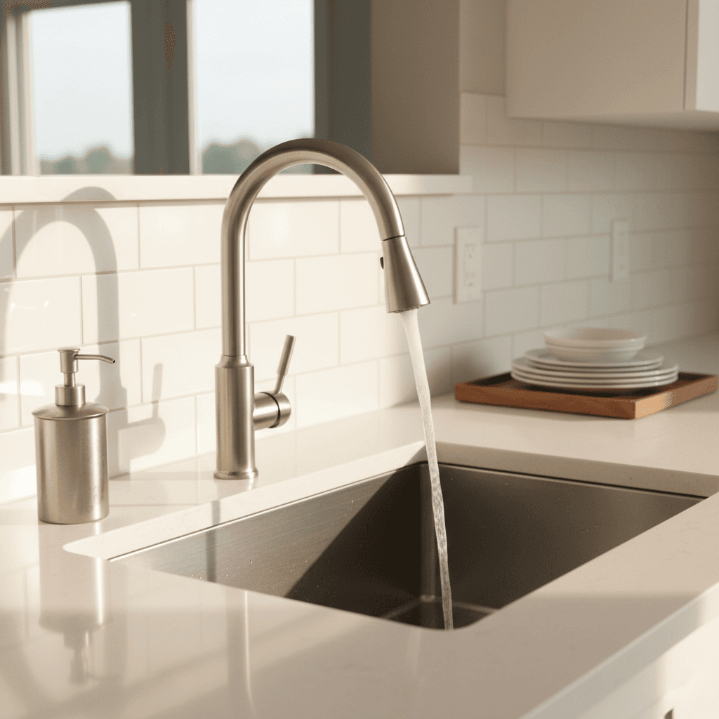 Modern kitchen with stainless steel fixtures and clean countertops