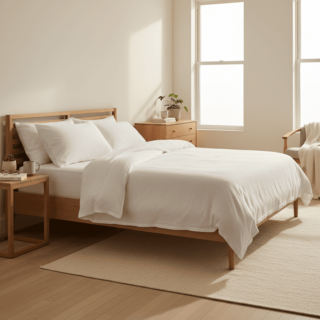 Comfortable bedroom with clean bedding and natural light